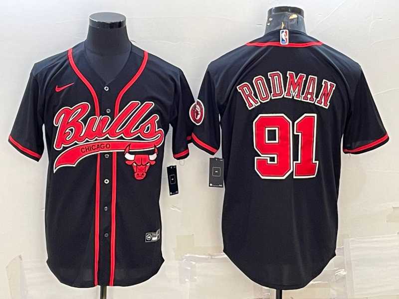 Mens Chicago Bulls #91 Dennis Rodman Black With Patch Cool Base Stitched Baseball Jersey